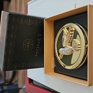 Monet Compact Double Mirror Gold Tone Crystal Hummingbird